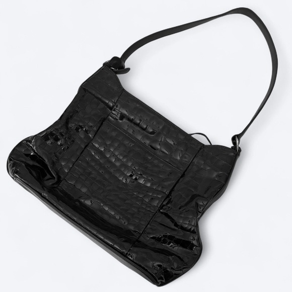 Brighton Cher Glam Black Croco Embossed Patent Leather Silver Shoulder Bag - Picture 7 of 13